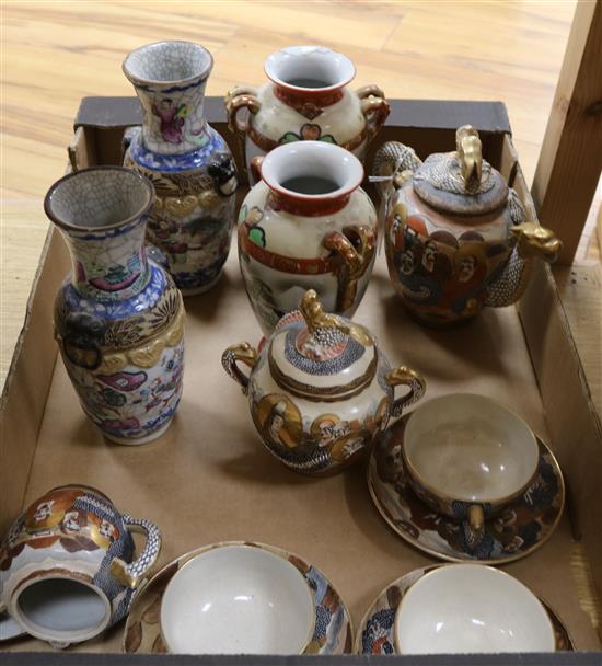A pair of Chinese vases, pair of Satsuma vases and a Satsuma teaset